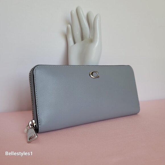 COACH Slim Accordion Smooth Leather Zip-Around Wallet – Grey Blue color ⭐ - Picture 4 of 16